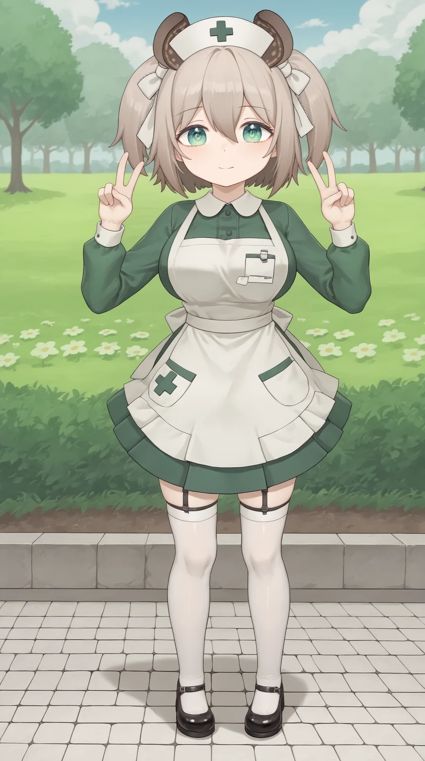 score_9, score_8_up, score_7_up,anime_source, source_anime, best background, detailed background, anime screencap, 4k, upscale,  Nimi_Nightmare, green eyes, nurse cap, 1girl, pose, green dress, long sleeves, hair between eyes, black footwear, brown hair, white apron, animal ears, thighhighs, hair bow, large breasts, full body, victory pose, outdoors, double v sign, <lora:Nimi_Nightmare_PONY:0.8>