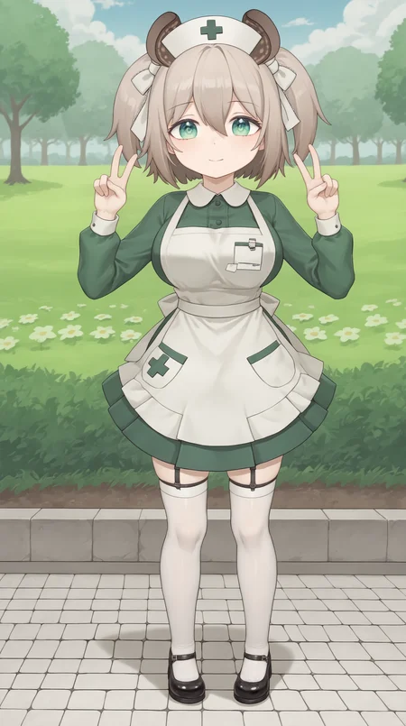 score_9, score_8_up, score_7_up,anime_source, source_anime, best background, detailed background, anime screencap, 4k, upscale, Nimi_Nightmare, green eyes, nurse cap, 1girl, pose, green dress, long sleeves, hair between eyes, black footwear, brown hair, white apron, animal ears, thighhighs, hair bow, large breasts, full body, victory pose, outdoors, double v sign, <lora:Nimi_Nightmare_PONY:0.8>