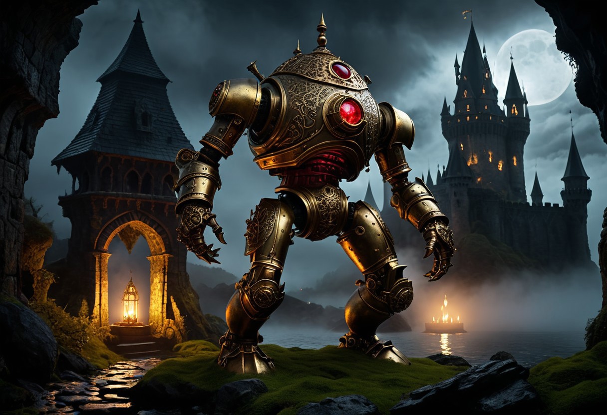 giant bipedal robot brass and dark red, bronze paisley robot. lacy robot metal. GOLD diving helmet head. outside of a steampunk keep. large detailed torso. dark image. one forty foot tall ancient robot with great arms and two heavy spring legs. dark foggy night background. $dark foggy night image only. dark photo realistic image. steampunk details. cogs, chains and pipes incorporated in the fantasy buildings. magic wizards tower in background. Dark swamp, moss, castle ruins, wizards tower. stormy dark night.  stormy sky.