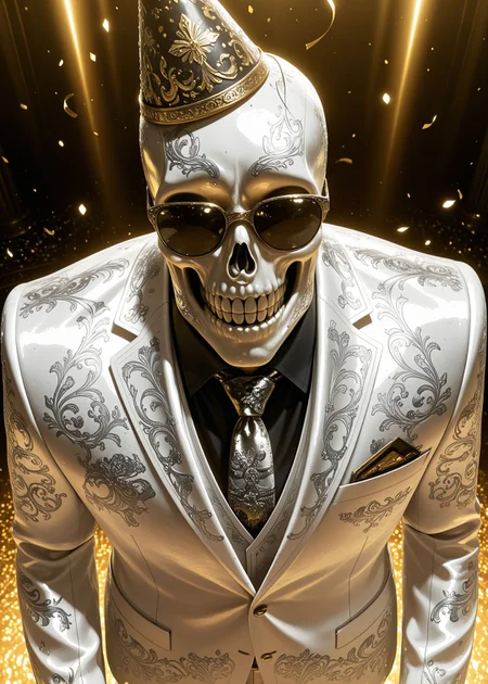 masterpiece, best quality, amazing quality, very aesthetic, high resolution, ultra-detailed, absurdres, newest, volumetric lighting, scenery, official art, 
engraved, engraving, 
solo, skeleton, 1other, manly, facing viewer, standing, sunglasses, upper body, face close-up, from above, 
shiny clothes, party hat, smile, (confetti,:1.2) 
engraved suit, white suit, business suit, clothed, black shirt, collared shirt, necktie, 
engraved skull, undead, patterned clothing, concert hall, 
metalic, shadow, chiaroscuro, dark theme, 
volumetric lighting, <lora:engraved v2:1.3>