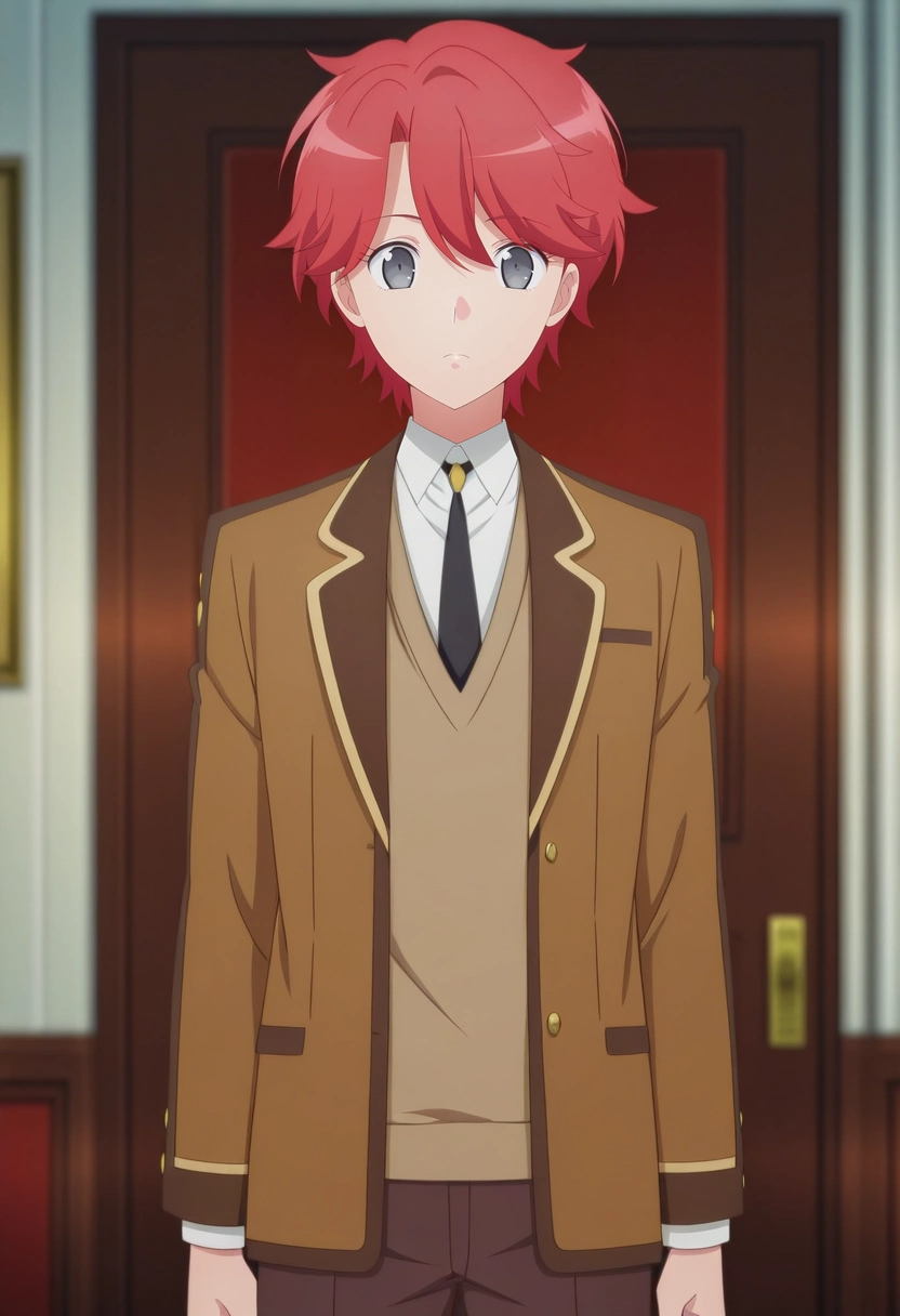 masterpiece, best quality, anime screencap, official style, anime coloring, cowboy shot, 1boy, solo, male focus, <lora:sirius_dieke_ilxl:0.92>, sirius_dieke, red hair, grey eyes, short hair, brown jacket, black necktie, school uniform, white shirt, collared shirt, ,