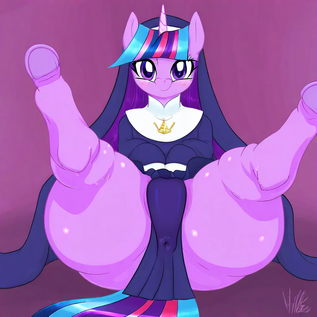 score_9, score_8_up, score_7_up, score_6_up, score_5_up,score_4_up twilight sparkle, future_twilight_sparkle, tiara, alicorn Princess Twilight Sparkle from My Little Pony is a light purple unicorn with a navy blue mane and tail, large purple eyes, and a pink star cutie mark. Her appearance changes slightly as she grows up and transforms into an Alicorn. Physical description Body color: Lavender or light purple Hair color: Dark indigo with pink and purple streaks Eye color: Purple Cutie mark: Pink six-pointed starburst with five smaller white stars Mane and tail: Straight, with one light purple streak and one slightly darker purple streak .hyper hips.thick thighs. Hyper butt,nun outfit,curvy body,solo.