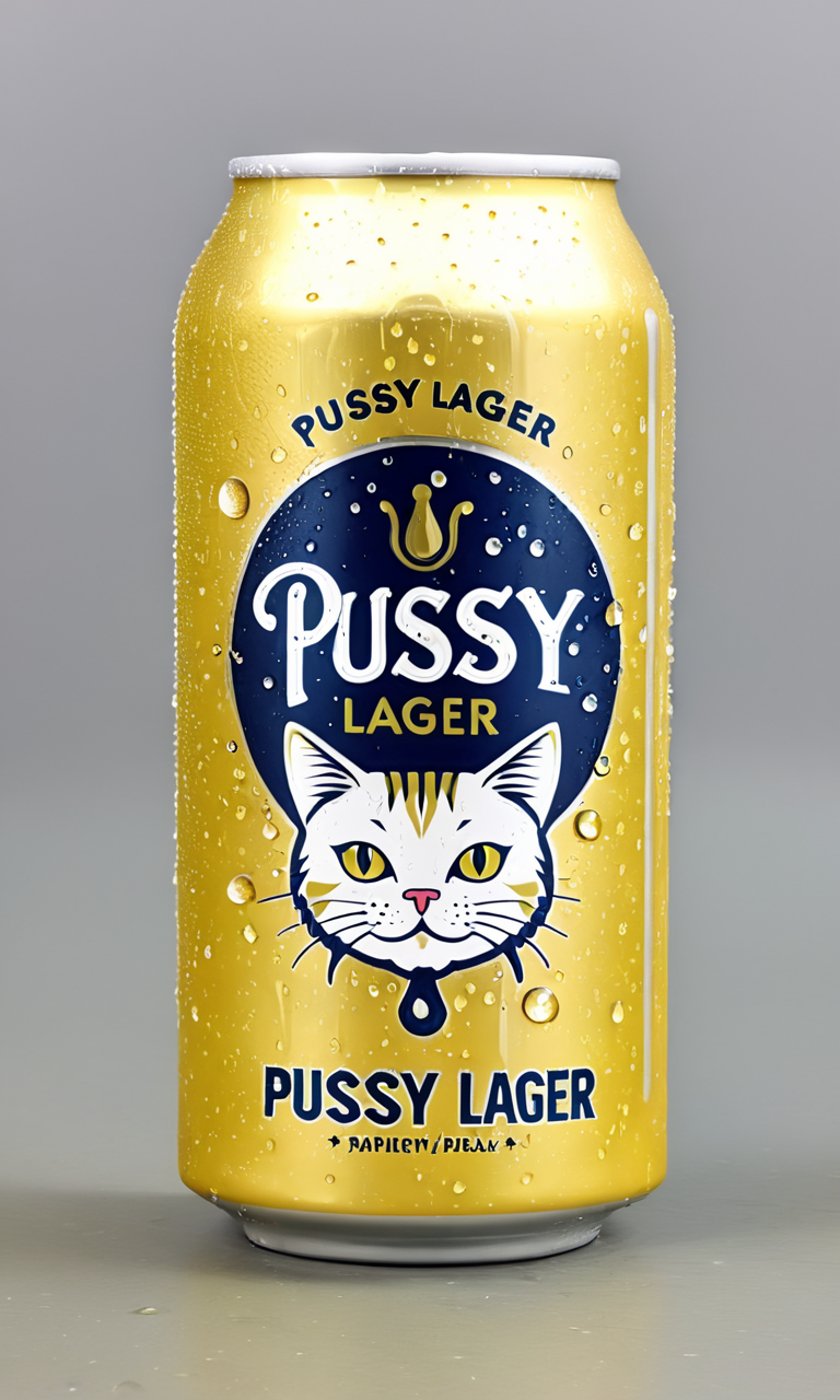 <lora:bevlabsdxl:0.9>,a beer can with cat,  text "Pussy Lager", bevlabsdxl,  best quality, masterpiece, water droplets, logo, fancy beer,