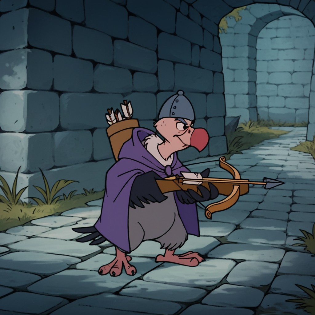 score_9, score_8_up, score_7_up, score_6_up, score_5_up, score_4_up, source_furry, TriggerRH, semi-anthro, male, vulture, bird, black feathers, winged arms, purple cloak, helmet, quiver, holding crossbow, standing, in forest,, <lora:4e407ccc-c861-43c2-b85e-901b2c8ddb07:0.7>