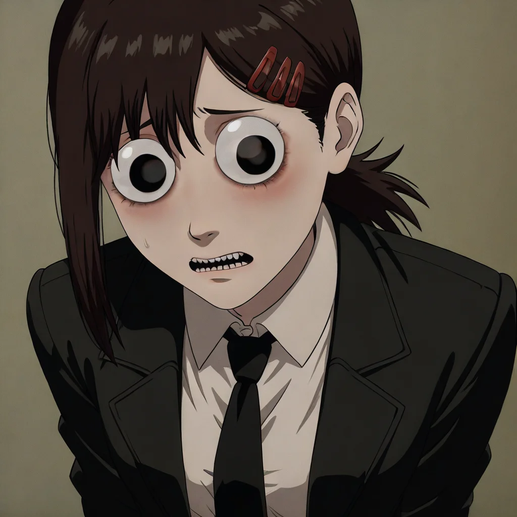 masterpiece, best quality, newest, absurdres, highres, anime, anime style, GUGIL-V1.0, googly eyes, 1girl, higashiyama kobeni \(chainsaw_man\), brown hair, collared shirt, black necktie, black jacket,