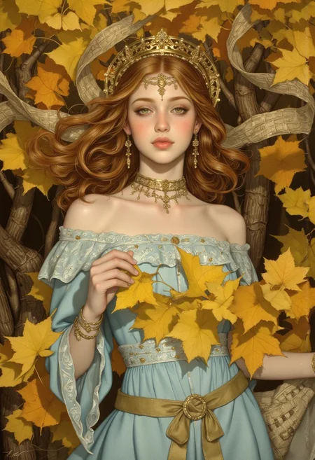 (vintagegirls:1.2) An ethereal embodiment of autumn’s fleeting grace, she stands poised amidst a swirling cascade of golden leaves, her presence as delicate and transient as the season itself. Her honey-brown hair flows in wild, untamed waves, adorned with fiery accents of autumn foliage, each leaf seeming to have chosen its place with purpose. Draped in a flowing, off-the-shoulder dress of pale blue, its gossamer fabric catches the soft light, evoking a sense of timeless elegance and a deep connection to nature’s rhythm. Her expression, both wistful and serene, carries a quiet longing, as though she’s a muse of the changing season, witnessing its beauty while carrying the weight of its impermanence. The golden glow of the leaves contrasts beautifully with the softness of her features, painting a scene that feels like a dream—a moment of autumn’s magic captured in a single breath of wind and light.