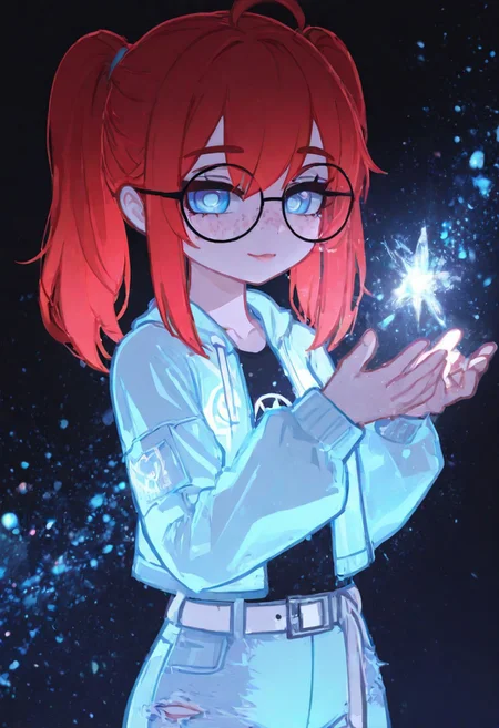 masterpiece, amazing quality, absurdres, best quality, ultra-detailed, 8K, illustration, CG, detailed background, dynamic action image, very aesthetic, newest, holographic colors, cute, dark background, absurdres, newest, volumetric lighting, 1girl, artist:john_kafka, (4k,8k,Ultra HD), ambient occlusion, raytracing, soft lighting, blum effect, absolutely eye-catching, particles, glow, shining, intricate cinematic background, (beautiful face), detailed face, detailed eyes, eyelashes, erotic, looking seductive, 1girl,
GachaMiky rou, Mikycka, girl, red hair, two ponytails, freckles, ahoge, glasses, blue eyes, jewelry, light blue jacket, light blue pants, torn pants, white belt