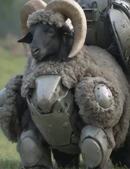 amredpll, concept art, depiction of an armored sheep wearing fluffy armor ready to protect its fluff, meadow, deep shadow, cinematic, contrast , <lora:- SDXL - amredpll_armored_style_V1.0:.8>