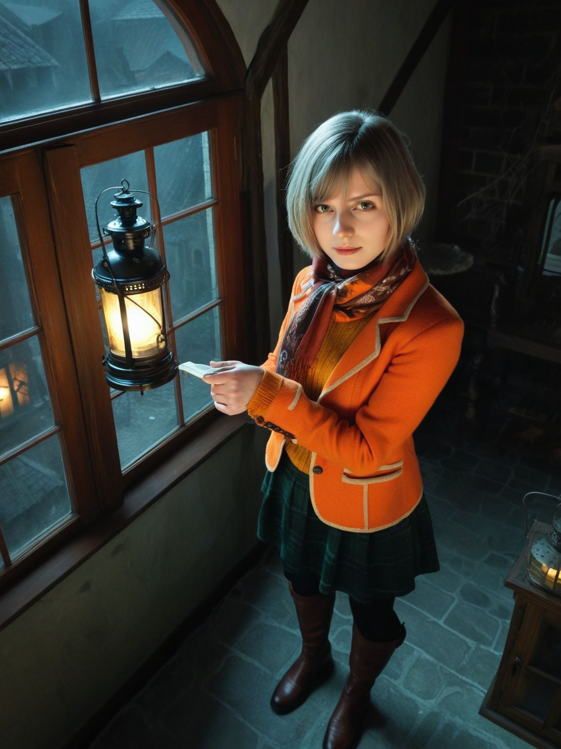 realistic,photo,cinematic,
<lora:Ella_Freya_v1_biglust:1>(ellfrya:1.2),orange jacket over sweater,adult,(ashl hair:1.2),scarf,black (pantyhose:1.2),long brown boots,green skirt,turtleneck,
none,night,inside,village outside window,holding small vintage lantern,from above,standing pose,
mystical,dystopian,horror \(theme\),resident evil 4 \(remake\),, best quality,