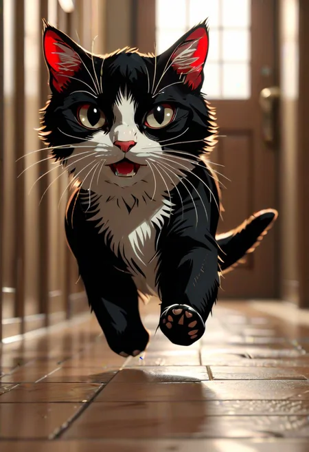 cinematic photo of a cute chibi cat running towards the viewer, detailed, masterpiece, 8K resolution