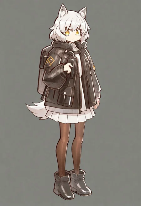 (((One girl))),white hair,wolf ears, jacket,round face
pantyhose,, black footwear, wolf tail,jacket,
Grey indoor background 
Yellow eyes
(((((((((bazooka))))))))