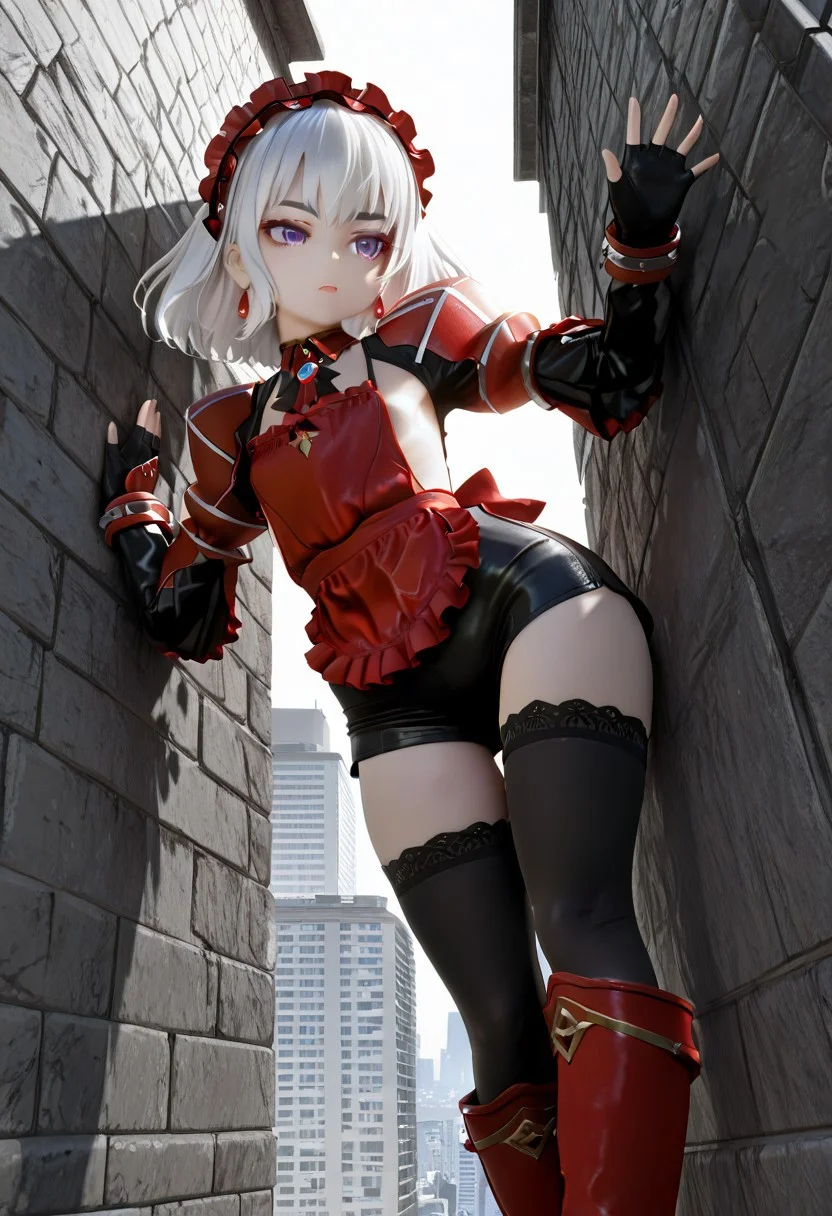 (sliding down a building wall, dynamic falling pose, one hand touching the wall, legs bent, body leaning back, mid-air, action pose, vertical orientation, wind-blown hair, looking downward, cinematic angle, dramatic perspective
),3d,(petite:1.7)(big head:1.3),solo,Chaika Bogdan, white hair, medium hair, purple eyes, black eyebrowsbow, red maid headdress, earrings, brooch, sideboob, shorts, armor, long sleeves, black thighhighs, red knee boots, fingerless gloves, frills,(Flat chest),,(backlighting),
,,fe7us,masterpiece, best quality, absurdres, newest,, very aesthetic, amazing quality,highres,sensitive, highres, ultra detailed, best anatomy, high detail, high contrast, ,hyperrealistic, photorrealistic