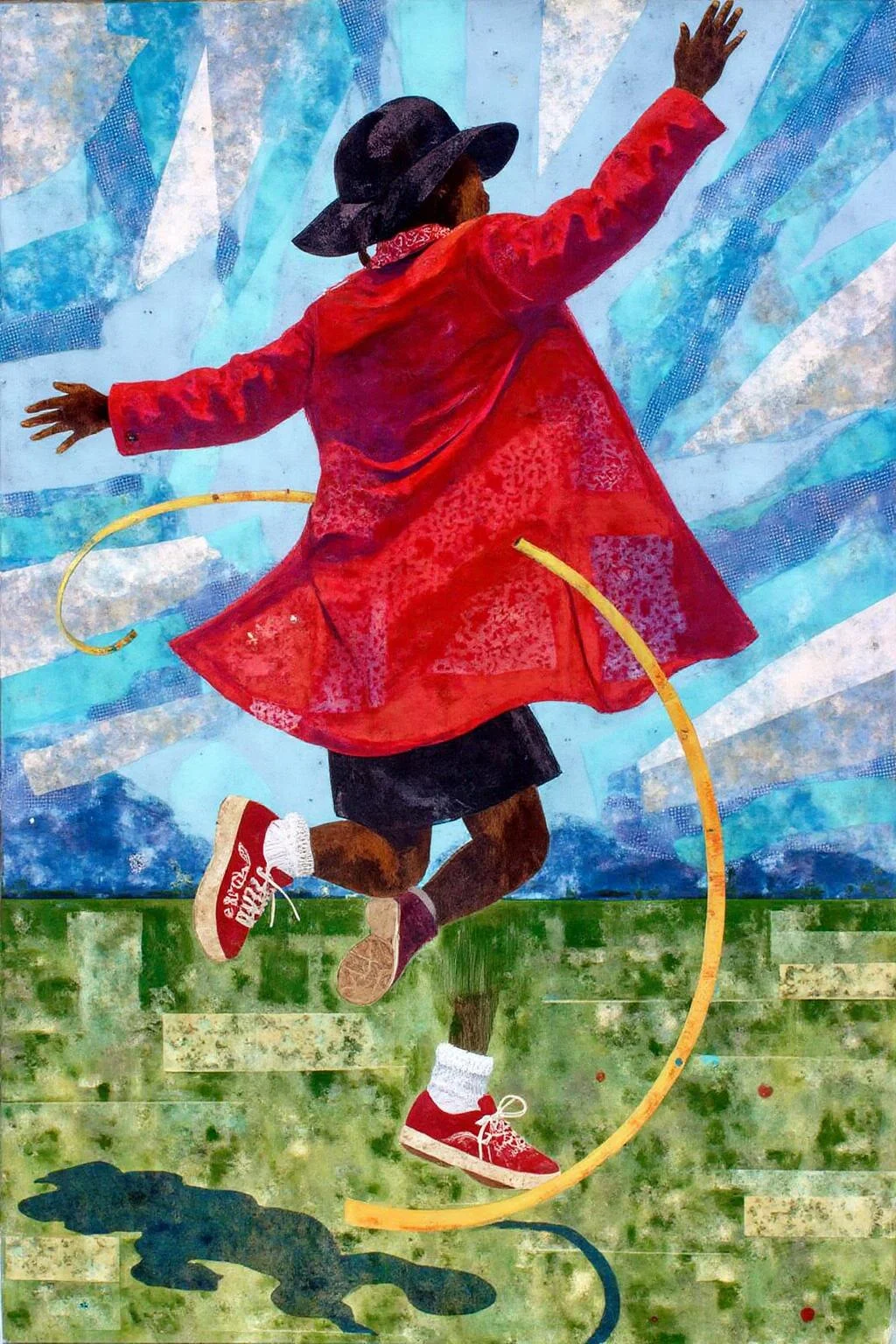 mixed media collage.
a vibrant collage of a young girl in a red coat and black shorts is seen skipping the rope, jumping in the air. She is wearing a pair of red sneakers, white socks, and a black hat. The coat is adorned with a red bandana, adding a pop of color to the scene. The background is a mix of blue, white, and green, creating a striking contrast to the girl's outfit. <lora:ekho_collage_nocap_d6a3e12:1.0><lora:824684320124950491:0>