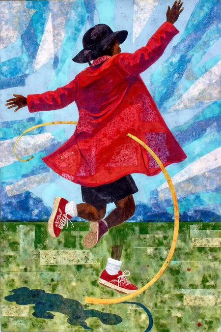 mixed media collage.
a vibrant collage of a young girl in a red coat and black shorts is seen skipping the rope, jumping in the air. She is wearing a pair of red sneakers, white socks, and a black hat. The coat is adorned with a red bandana, adding a pop of color to the scene. The background is a mix of blue, white, and green, creating a striking contrast to the girl's outfit.  <lora:ekho_collage_nocap_d6a3e12:1.0><lora:824684320124950491:0>