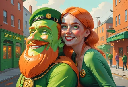 Front 3/4 view portrait IRELAND themed Picture illustration of a
hilariously happy woman happily hugging a
massive, translucent, multicolor, human-sized leprechaun-shaped thing.
The woman is looking straight to the viewer with charming eyesight, and sensually parted lips.
The lips are ireland themed.
Celtic symbols, golden coins, quarterfoils and St. Patrick's Day elements are scattered all around.
Many details everywhere. Ray-Tracing. Anti-Aliasing. Realistic reflections. Realistic soft shadows. Ironic.
Spiritual.
Partially introspective.
Uplifting.
Slightly desaturated colors. 
Visible paint strokes.  
Insane quality. Insane resolution. Insane details. Masterpiece. 
By Simon Stalenhag.