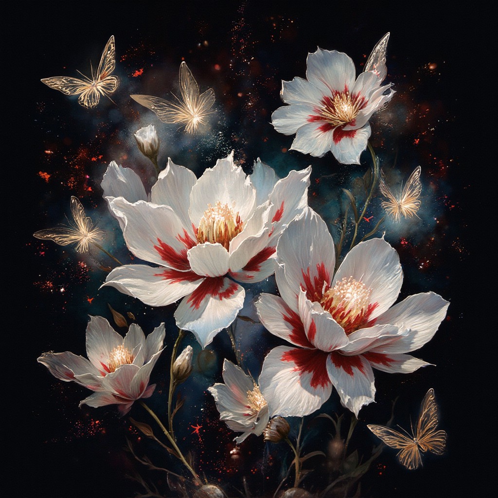 ArsMJStyle, impressionism, Ukiyo-e, A surreal and painterly composition featuring **radiant white flowers** and **dark ethereal butterflies** against a pitch-black background. The flowers exude a sense of purity and holiness. The petals are stained with crimson blood. The butterflies pulse with an otherworldly light, and their wings are traced with intricate patterns.
The atmosphere is enhanced by a dreamy **bokeh effect** that scatters soft glimmers of gold and crimson throughout the composition, creating depth and a sense of quiet wonder. The interplay of **rich white highlights and deep black shadows** evokes an enchanting, almost mystical ambiance. Subtle sparks float in the air, adding a dynamic, surreal quality to the scene.
The overall aesthetic is vivid yet balanced, emphasizing the **contrast between the glowing warmth of the flowers and harshness of the butterflies**. Rendered in **8K ultra-detail**, the textures are hyper-realistic, while the colors glow with an intense vibrancy, embodying an elegant harmony of surreal beauty and luxurious simplicity.
