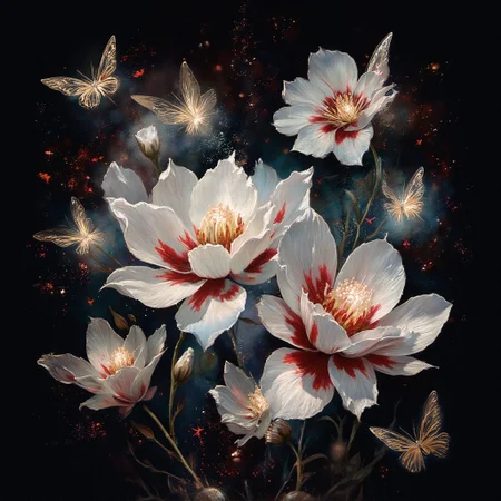 ArsMJStyle, impressionism, Ukiyo-e, A surreal and painterly composition featuring **radiant white flowers** and **dark ethereal butterflies** against a pitch-black background. The flowers exude a sense of purity and holiness. The petals are stained with crimson blood. The butterflies pulse with an otherworldly light, and their wings are traced with intricate patterns.
The atmosphere is enhanced by a dreamy **bokeh effect** that scatters soft glimmers of gold and crimson throughout the composition, creating depth and a sense of quiet wonder. The interplay of **rich white highlights and deep black shadows** evokes an enchanting, almost mystical ambiance. Subtle sparks float in the air, adding a dynamic, surreal quality to the scene.
The overall aesthetic is vivid yet balanced, emphasizing the **contrast between the glowing warmth of the flowers and harshness of the butterflies**. Rendered in **8K ultra-detail**, the textures are hyper-realistic, while the colors glow with an intense vibrancy, embodying an elegant harmony of surreal beauty and luxurious simplicity.