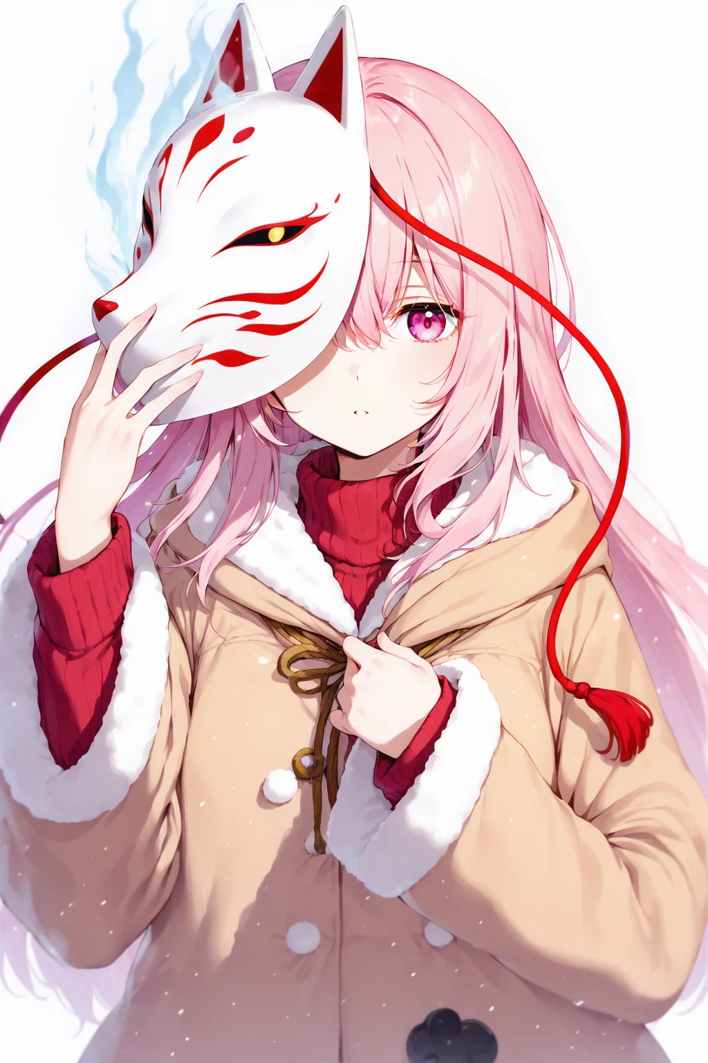 1girl, solo, mask, long hair, pink hair, hata no kokoro, long sleeves, looking at viewer, motion blur, upper body, sweater, coat, pink eyes, alternate costume, fox mask, holding, white background, fur trim, simple background, turtleneck sweater, turtleneck, bangs, expressionless, parted lips, holding mask, winter clothes, tassel, ribbed sweater, hair between eyes, mask on head, hood, contemporary
<lora:keta_style:0.8>