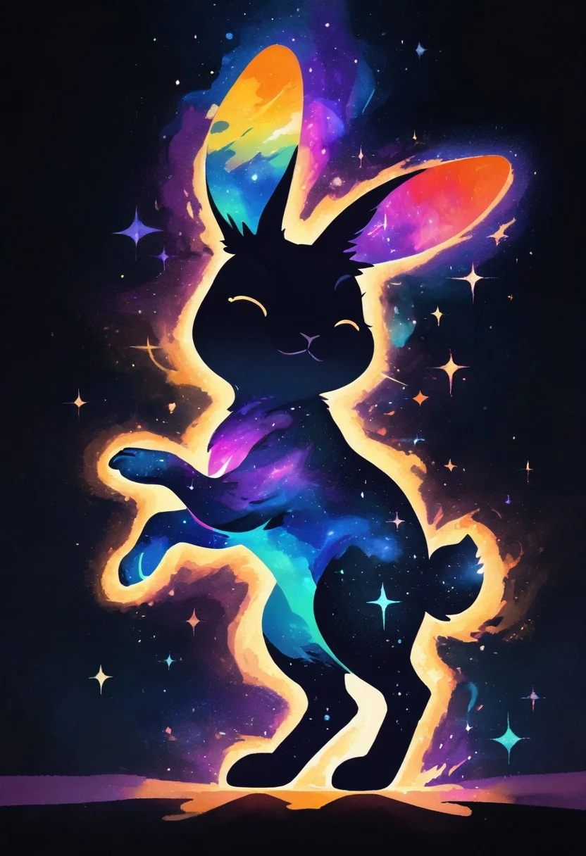 masterpiece, best quality, simple illustration, 1rabbit, silhouette, full body, solo, dark background, sparkles, vivid colors, tail ,happy, no_outlines,no lineart, t4kar4i_illu, inner_galaxy, galaxy on silhouette,