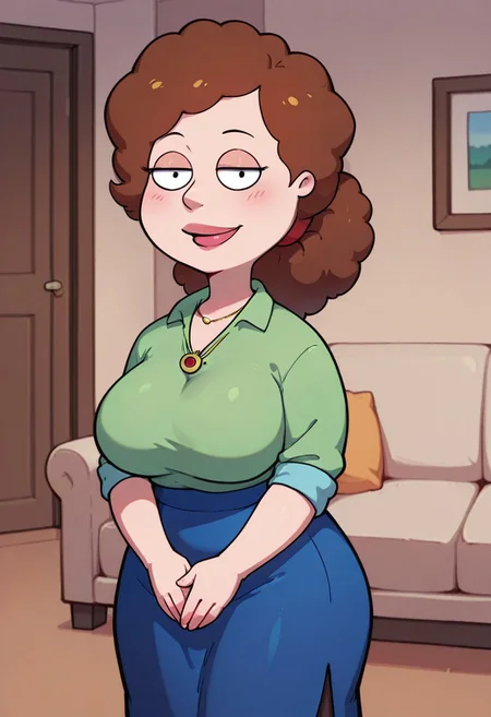 score_9,score_8_up,score_7_up,score_6_up,best quality, 1girl, solo, living room, couch, indoors,
BREAK
unnamed girl, brown hair, black eyes, (mature female:1.5), (plump:1.2), large breasts, gigantic hips, thick thighs, green sweater, rolled up sleeves, blue skirt, stockings, own hand together, blush, smile, looking at viewer, long skirt, half-closed eyes, necklace,