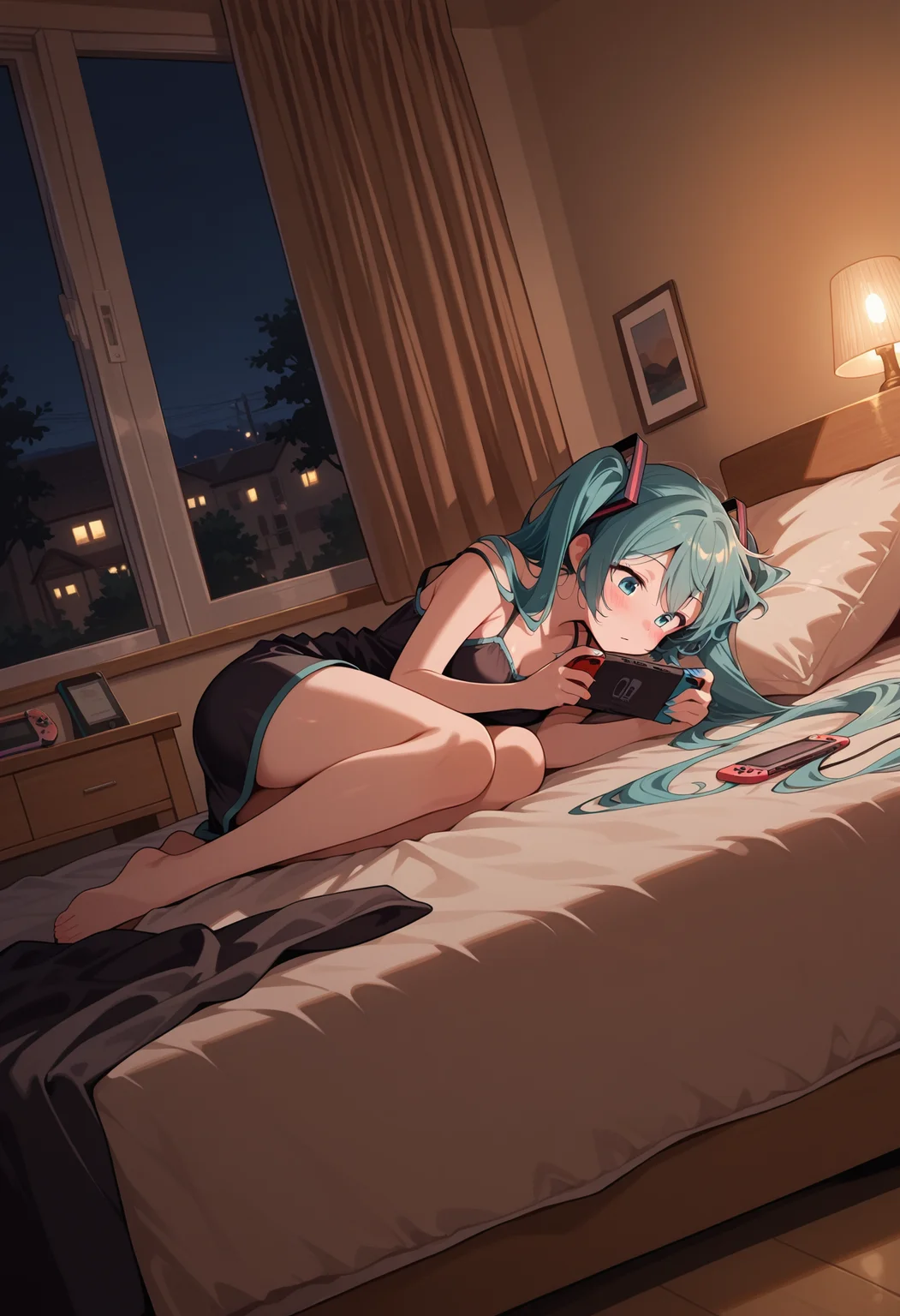 1girl, hatsune miku, lying on bed, playing switch, shocking
cozybedroom, small modern cozy bedroom, messy bedroom, night scene,
dutch angle, detailed background, great lighting, masterpiece, best quality, amazing quality