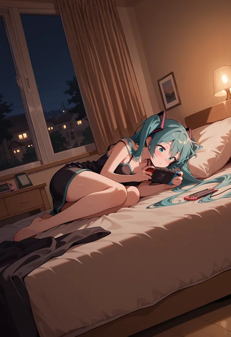 1girl, hatsune miku, lying on bed, playing switch, shocking
cozybedroom, small modern cozy bedroom, messy bedroom, night scene,
dutch angle, detailed background, great lighting, masterpiece, best quality, amazing quality