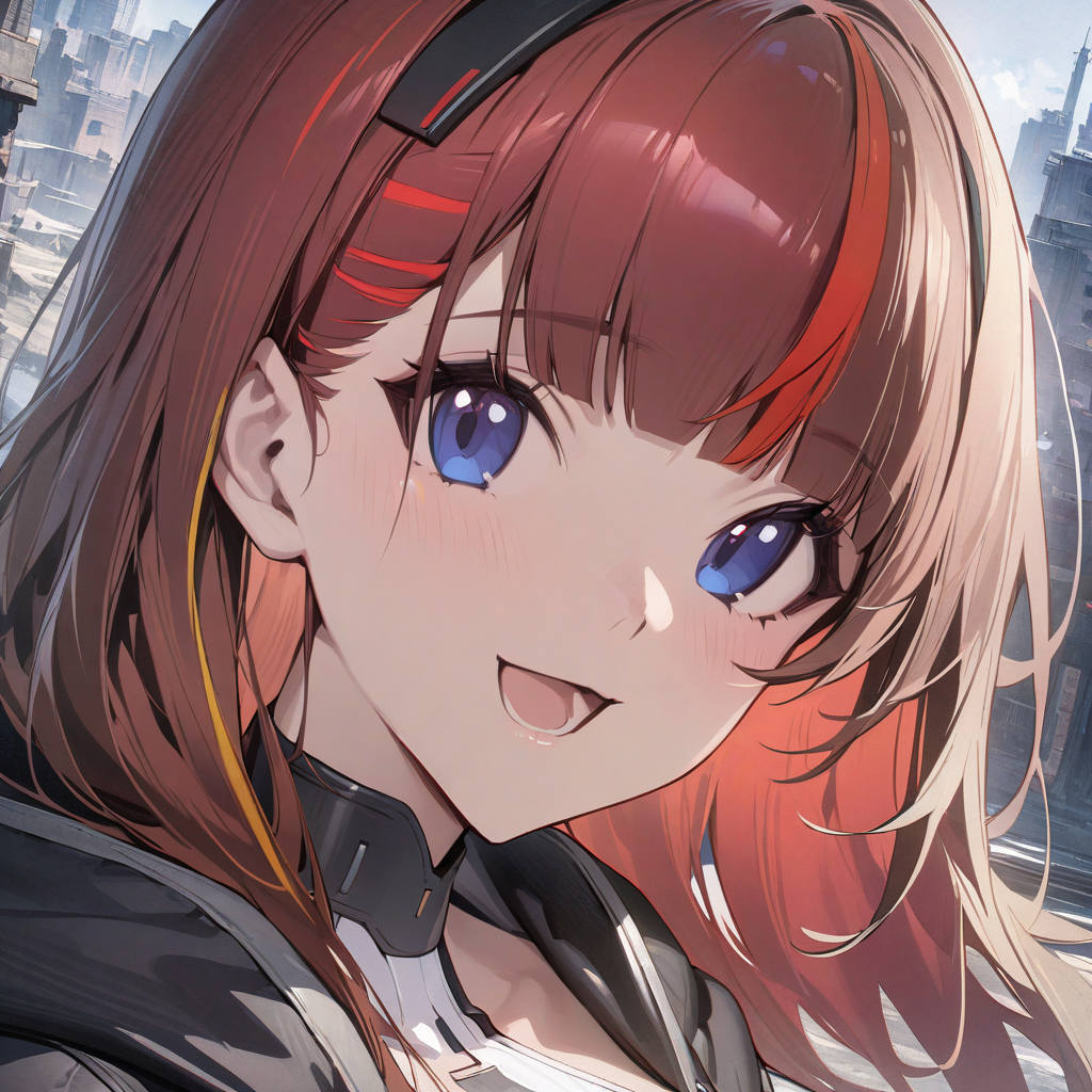 (masterpiece),(best quality),(ultra-detailed),(best illustration),(best shadow),(absurdres),(detailed background),(very aesthetic), tess kotkin, 1girl, multicolored hair, solo, red hair, blue eyes, smile, portrait, streaked hair, yellow hair, open mouth, bangs, ruined city background, black hairband, blunt bangs, blush, very close-up, portrait, anime coloring <lora:XL-TessKotkin:1>