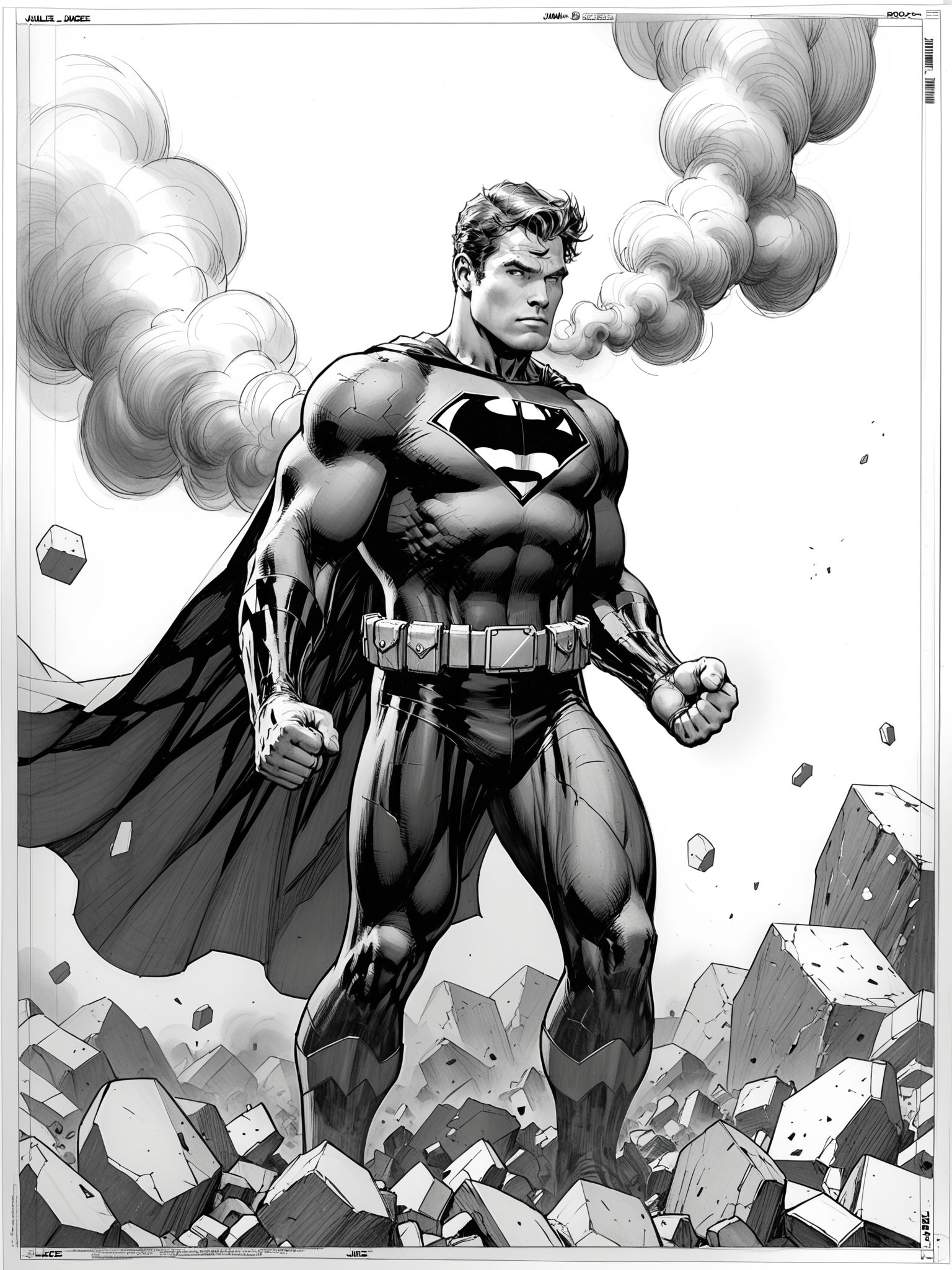 jimlee score_9 score_8_up score_7_up action scene movie stil male focus 1boy monochrome superhero cape solo greyscale clenched hands signature (traditional media) debris, massive muscular ,belt ,bodysuit, smoke ,hatching (texture) ,destruction, rock, dust ,best quality ,masterpiece, 4k, uncensored perfect lighting rating_explicit very aesthetic <lora:JimLee:0.9>