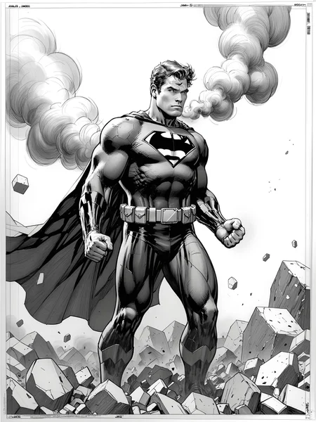 jimlee score_9 score_8_up score_7_up action scene movie stil male focus 1boy monochrome superhero cape solo greyscale clenched hands signature (traditional media) debris, massive muscular ,belt ,bodysuit, smoke ,hatching (texture) ,destruction, rock, dust ,best quality ,masterpiece, 4k, uncensored perfect lighting rating_explicit very aesthetic <lora:JimLee:0.9>