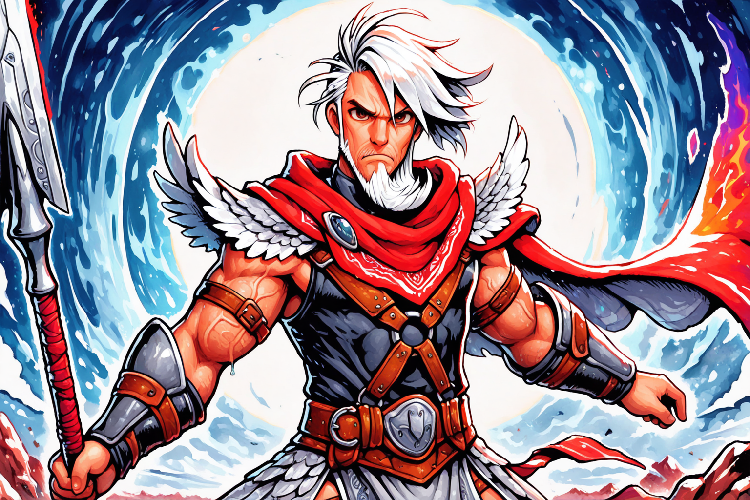 masterpiece, best quality, amazing quality, hatching (texture), FMIXF, vibrant details, vibrant colors, GENHERAC, 1boy, male focus, old, old man, solo, white hair, sideswept hair, ((sideswept beard)), brown eyes, muscular, veiny arms, yellow trimmed red cape, feathered pauldrons, sleeveless black shirt, brown body harness, brown belt, brown belt buckle, grey pelvic curtain, ((grey pteruges)), black vambraces, upper body, ancient battleground backdrop, lifting spear, throwing spear, serious, three quarter view