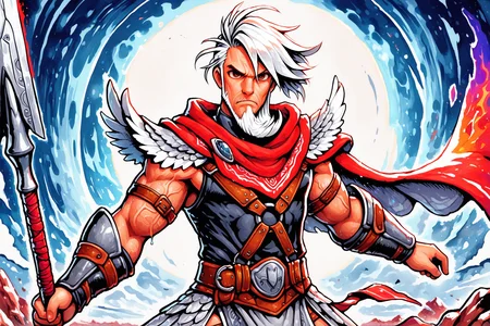 masterpiece, best quality, amazing quality, hatching (texture), FMIXF, vibrant details, vibrant colors, GENHERAC, 1boy, male focus, old, old man, solo, white hair, sideswept hair, ((sideswept beard)), brown eyes, muscular, veiny arms, yellow trimmed red cape, feathered pauldrons, sleeveless black shirt, brown body harness, brown belt, brown belt buckle, grey pelvic curtain, ((grey pteruges)), black vambraces, upper body, ancient battleground backdrop, lifting spear, throwing spear, serious, three quarter view