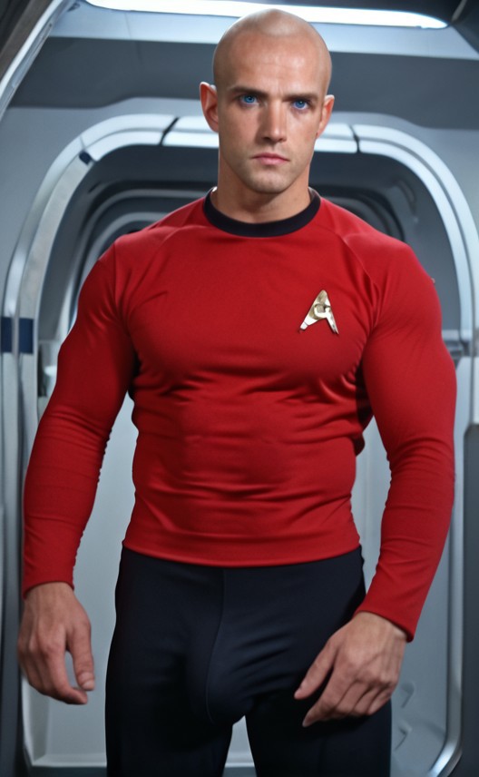 1boy, 20 year old male, Handsome, masculine, blonde, star trek, red shirt, muscle,  tall, tight shirt, wide pectorals, big shoulders, wide shoulders, muscular neck, German, standing at attention, bald, big pale blue eyes, abs, biceps, serious facial expression, phaser, hand, long bulge in his pants,
1960 black dress pants, pants,
stunf, star trek uniform, uss enterprise ncc-1701 interior background, star trek, space ship interior, 1960s TV,