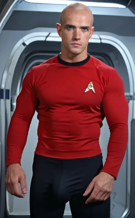 1boy, 20 year old male, Handsome, masculine, blonde, star trek, red shirt, muscle, tall, tight shirt, wide pectorals, big shoulders, wide shoulders, muscular neck, German, standing at attention, bald, big pale blue eyes, abs, biceps, serious facial expression, phaser, hand, long bulge in his pants,
1960 black dress pants, pants,
stunf, star trek uniform, uss enterprise ncc-1701 interior background, star trek, space ship interior, 1960s TV,