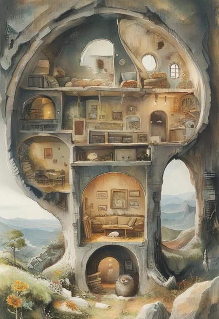 (watercolor art), depicting the inside of a burrow that functions as a the cozy dwelling of a sentient hedgehog.