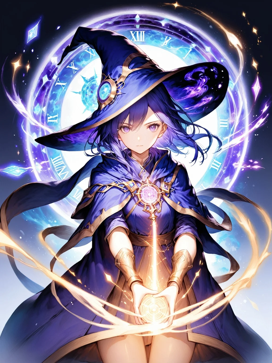 1girl,  Create an image of a chronomancer, a time-manipulating mage with the power to alter the flow of time and peer into the past and future.