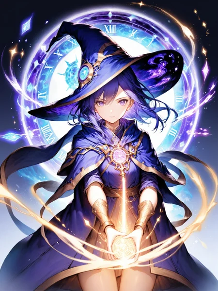 1girl, Create an image of a chronomancer, a time-manipulating mage with the power to alter the flow of time and peer into the past and future.