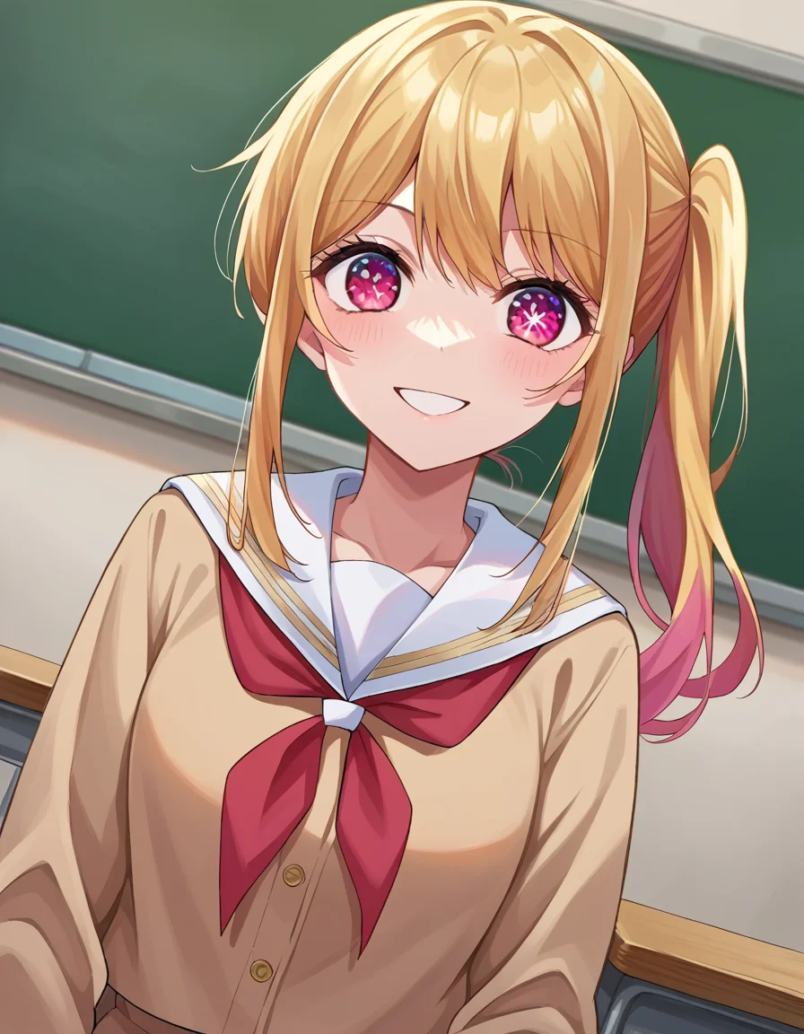 score_9, score_8_up, score_7_up, source_anime,
rubyhoshino, <lora:ruby-hoshino-ponyxl-lora-nochekaiser:1>,
ruby hoshino, long hair, bangs, blonde hair, pink eyes, sidelocks, symbol-shaped pupils, multicolored hair, two-tone hair, smile,
side ponytail, long sleeves, school uniform, serafuku, sailor collar, neckerchief, cardigan, red neckerchief, white sailor collar,
indoors, classroom,
looking at viewer, cowboy shot, dutch angle,