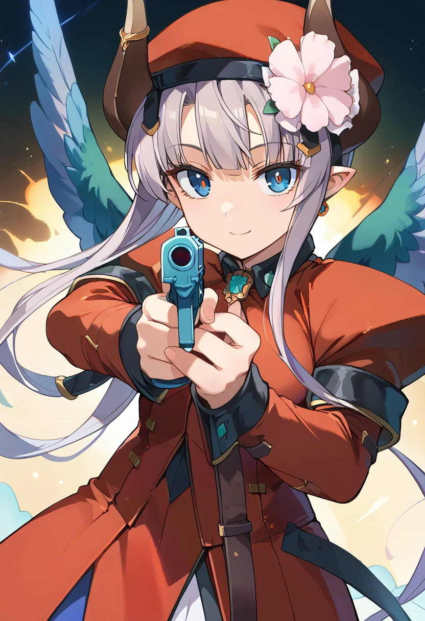 score_9, score_8_up, score_7_up, source anime, la hawzel, 1girl, solo, wings, horns, blue eyes, flower, red military unifom, long hair, pointy ears, smile, grey hair, hair flower, red beret, shoulder armor, long skirt, two-handed, holding gun, aiming, aiming at viewer, finger on trigger, <lora:la_hawzel-xl-pony-v1:1>, <lora:aim-xl-pony-v3:1>,
