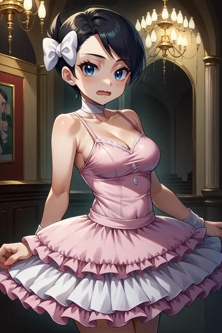 score_9, score_8_up, score_7_up, score_6_up, source_anime, 1girl, solo, <lora:pkmnmarley-pdxl-nvwls-v1-000006:1> pmMly, black hair, short hair, blue eyes, hair bow, white bow, pink tutu, blush, open mouth, medium breasts, ballerina outfit, looking at you, wavy mouth, indoors, mansion, chandelier, spaghetti straps, bare shoulders