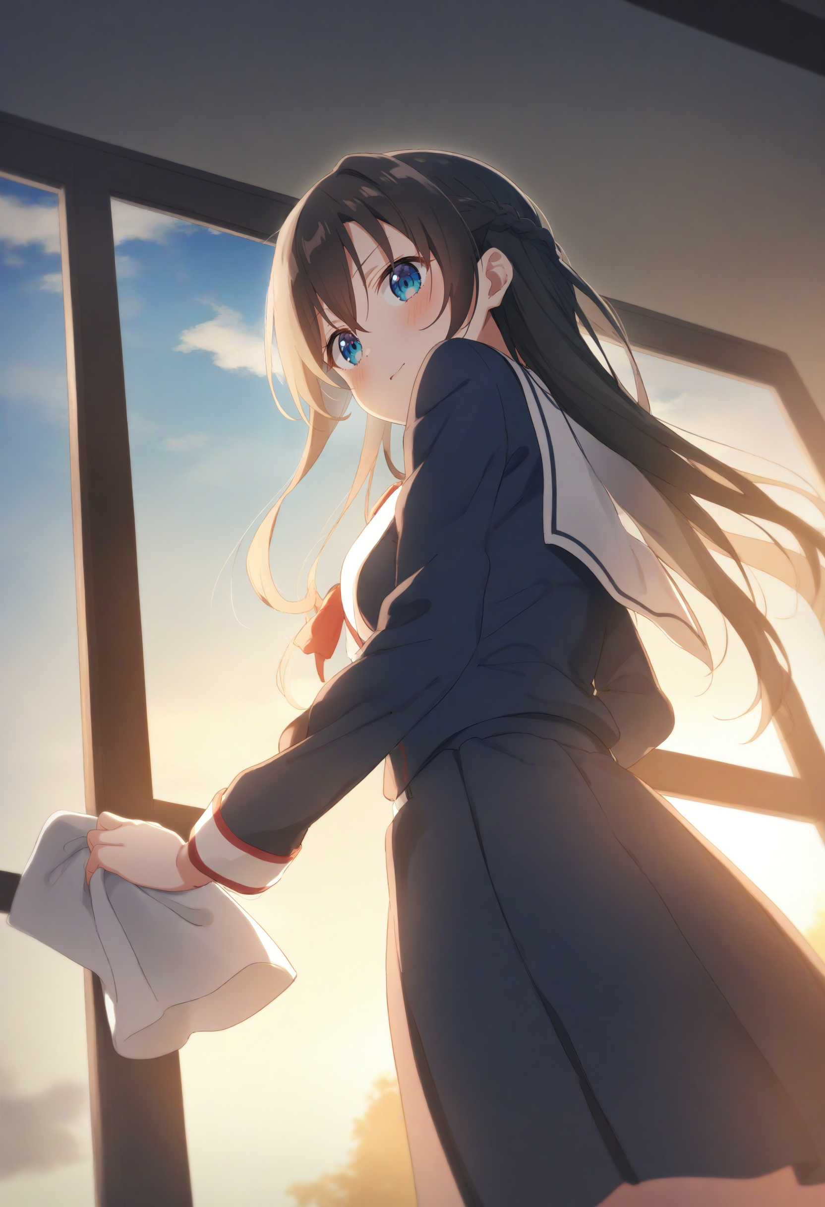 1girl,sincos, ningen mame, toosaka asagi,solo,medium breasts,school uniform,
rag, <lora:rag_XL_v1:0.8>
cleaning,cleaning windows ,wiping , from below, from behind, dutch angle,indoors, looking back,
best quality, very aesthetic, absurdres