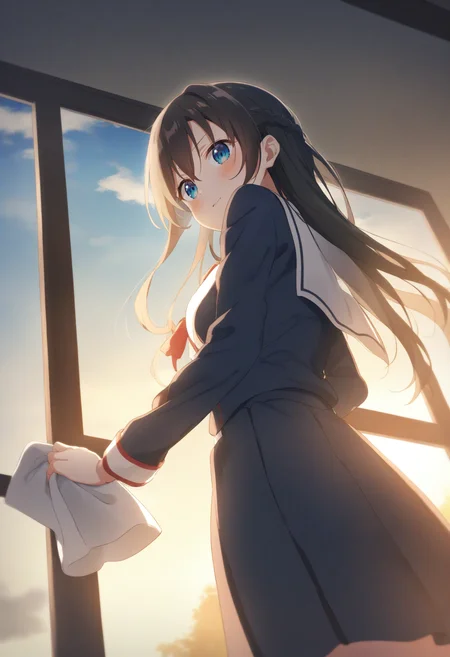 1girl,sincos, ningen mame, toosaka asagi,solo,medium breasts,school uniform,
rag, <lora:rag_XL_v1:0.8>
cleaning,cleaning windows ,wiping , from below, from behind, dutch angle,indoors, looking back,
best quality, very aesthetic, absurdres