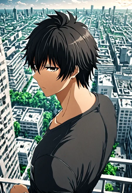 high resolution, solo, best quality, 1Boy, Seiya Kanie, black hair, short hair, thin, high-rise, top of building, landscape, shallow depth of field, OverallDetail