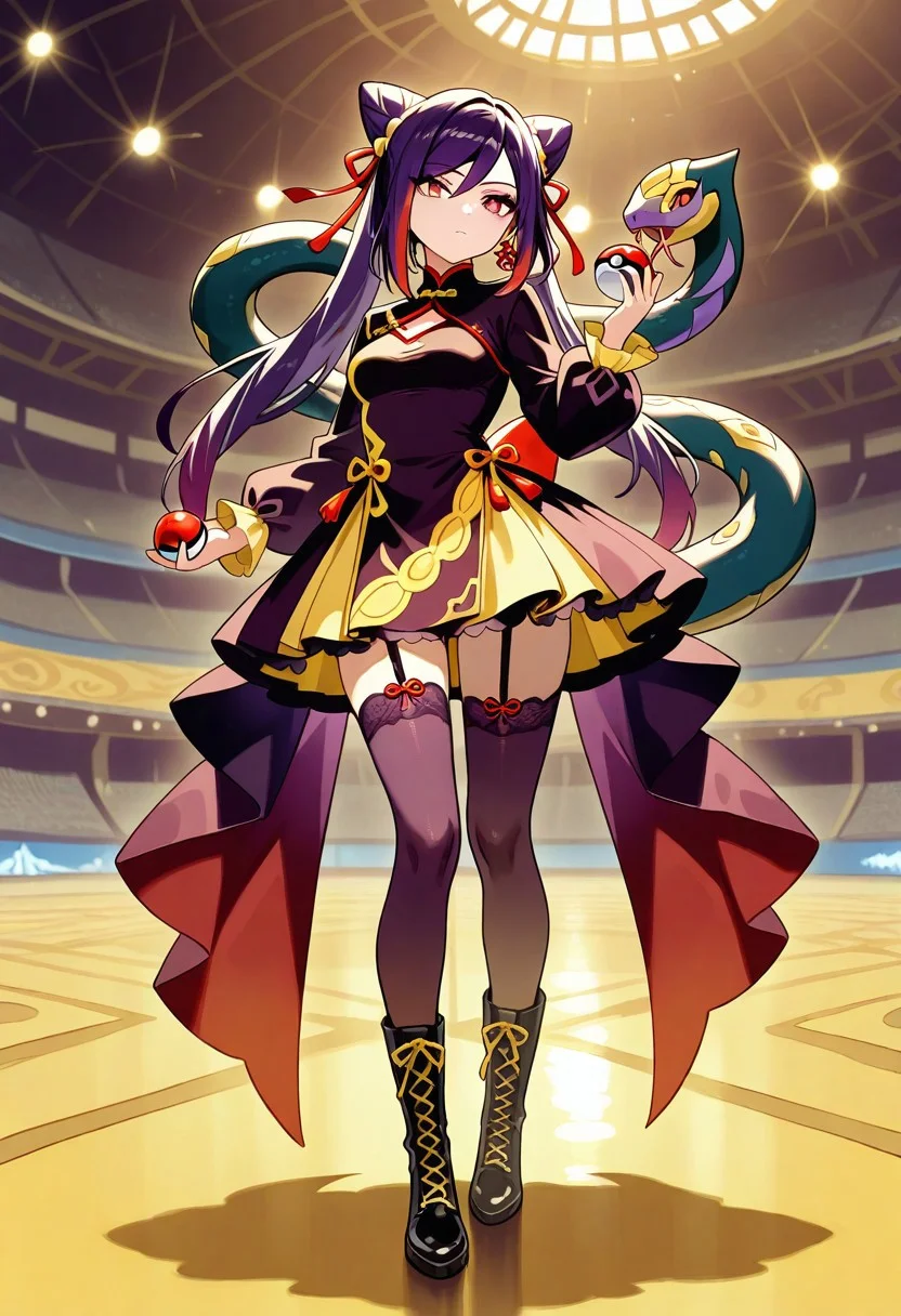 (masterpiece, best quality, high quality, highres), very awa, highres, absurdres, intricate detailed,
genshin impact,
1girl, seviper, solo, full body, standing,
warped by snake, holding pokeball,
magical girl, Chinese dress, complex outfit,
red dress, (dark purple black dress:1.3), (mustard yellow dress:1.1), ribbons, lace, multicolored dress, ornament on dress, stockings, lace-up boots,
arena background,