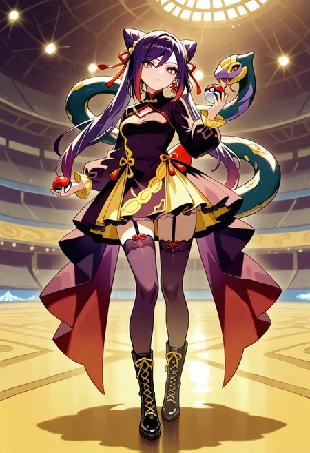 (masterpiece, best quality, high quality, highres), very awa, highres, absurdres, intricate detailed,
genshin impact, 
1girl, seviper, solo, full body, standing, 
warped by snake, holding pokeball,
magical girl, Chinese dress, complex outfit,
red dress, (dark purple black dress:1.3), (mustard yellow dress:1.1), ribbons, lace, multicolored dress, ornament on dress, stockings, lace-up boots,
arena  background,