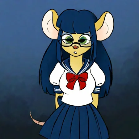 D3w3y,1girl,solo,furry,furry female,mouse girl,mouse ears,long hair,blue hair,sidelocks,blunt bangs,green eyes,glasses,snout,animal nose,buck teeth,body fur,yellow fur,mouse tail,,medium breasts,skirt,blue skirt,blue sailor collar,school uniform,sailor collar,pleated skirt,blue back bow,serafuku,short sleeves,puffy sleeves,red bow,puffy short sleeves,