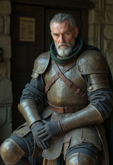 photograph of man wearing incredibly worn leather armor with black and grey receding hair sitting on a stool on the streets of a medieval city, old stone walls, medieval wooden noticeboard in background, looking into camera, middle aged, serious look on face, gloves, tattered dark green cape, goatee, grimey, leather belt with pouches across chest, greasy hair, tattered clothing