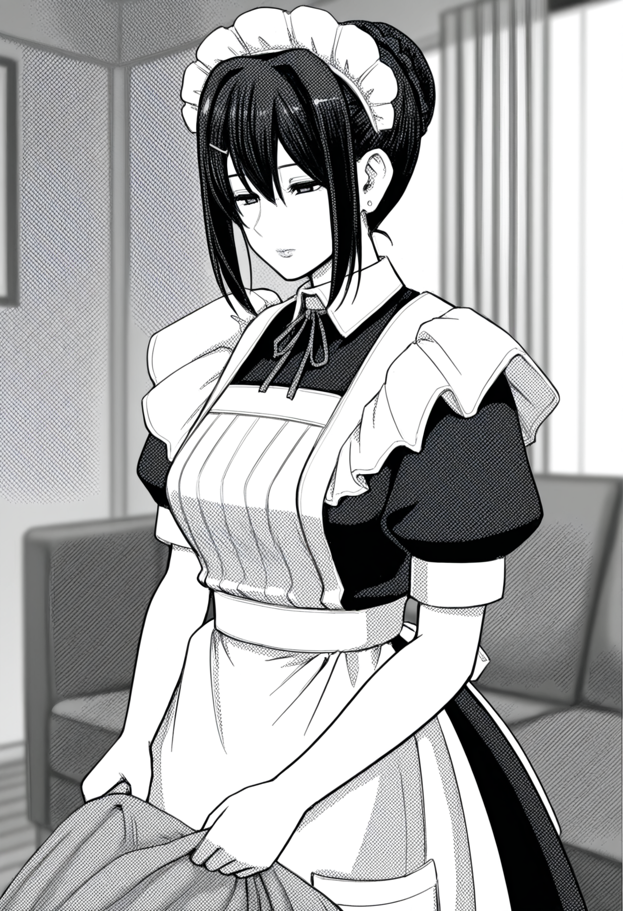 1girl, solo, <lora:Misato Kanako [Illustrious] Maid no Oshigoto:1>, MisatoKanako, hair bun, hairclip, earrings, maid headdress, neck ribbon, dress, short sleeves, maid apron, expressionless, detailed eyes, detailed body, detailed lips, indoors, living room, cleaning, depth of field, newest, scenery, volumetric lighting, monochrome, greyscale