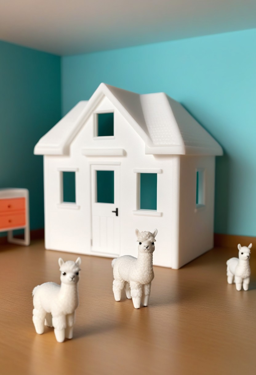 a fluffy miniature alpaca standing in a 3d printed house, colorful 3d printed toys lie around it, children's room, whitemold, art style