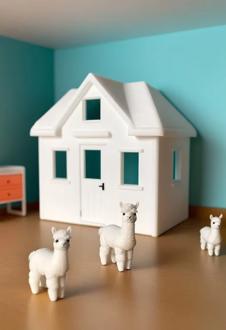 a fluffy miniature alpaca standing in a 3d printed house, colorful 3d printed toys lie around it, children's room, whitemold, art style