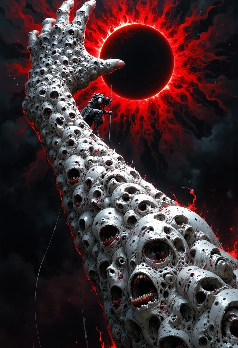 Cinematic wide shot of a massive, towering arm stretching upward, its surface grotesquely covered in a dense, overlapping layer of human faces frozen in expressions of agony and despair. A lone figure, dressed in tattered, battle-worn armor, clings desperately to a rope as they climb the arm, their silhouette stark against the vast, nightmarish backdrop. The figure's hands are bloodied and strained, contrasting against the monochromatic palette of the scene. Above, a black sun eclipse looms ominously in the sky, casting a sickly, blood-red light that illuminates the contours of the arm and the twisted faces embedded in it. The sky is filled with swirling, ghostly faces, their mouths open in silent screams, blending into the darkness. The color palette is dominated by sharp contrasts of white, black, and deep crimson red, creating a sense of overwhelming dread and hopelessness. The arm seems to stretch endlessly, evoking a sense of scale and futility, while the figure’s determined climb adds a glimmer of resistance against the overwhelming forces. Inspired by dark fantasy and horror, the image captures the climactic struggle of man against a grotesque, god-like force.